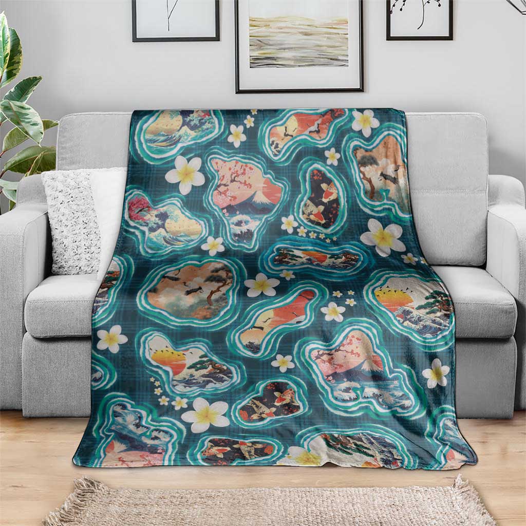 Hawaiian and Japanese Culture Together Blanket Hawaiian Island Shapes with Japanese Landscape Teal Color LT03 - Polynesian Pride