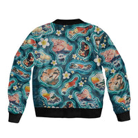 Hawaiian and Japanese Culture Together Bomber Jacket Hawaiian Island Shapes with Japanese Landscape Teal Color LT03 - Polynesian Pride