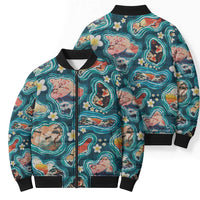 Hawaiian and Japanese Culture Together Bomber Puffer Jacket Hawaiian Island Shapes with Japanese Landscape Teal Color LT03 - Polynesian Pride