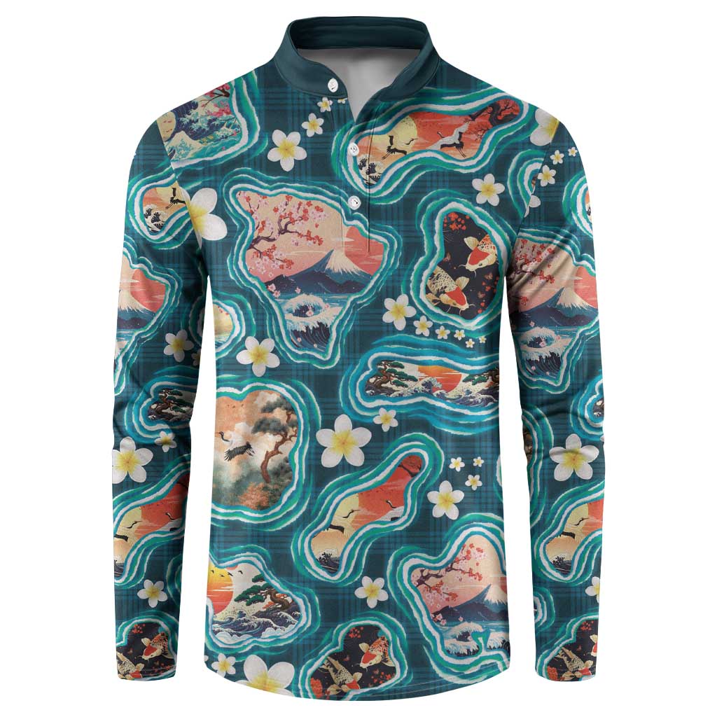 Hawaiian and Japanese Culture Together Button Sweatshirt Hawaiian Island Shapes with Japanese Landscape Teal Color LT03 Teal - Polynesian Pride