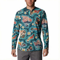 Hawaiian and Japanese Culture Together Button Sweatshirt Hawaiian Island Shapes with Japanese Landscape Teal Color LT03 - Polynesian Pride