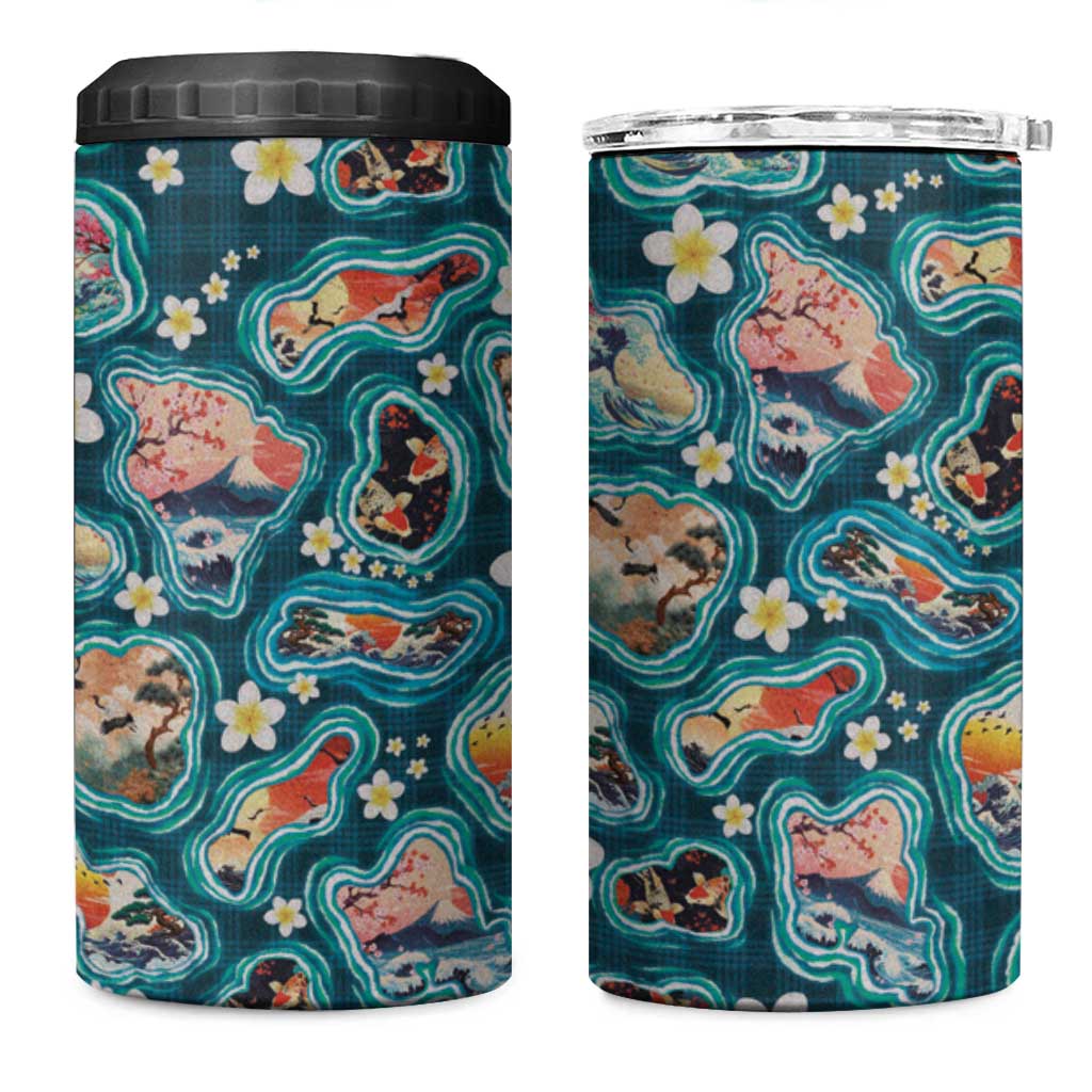 Hawaiian and Japanese Culture Together 4 in 1 Can Cooler Tumbler Hawaiian Island Shapes with Japanese Landscape Teal Color
