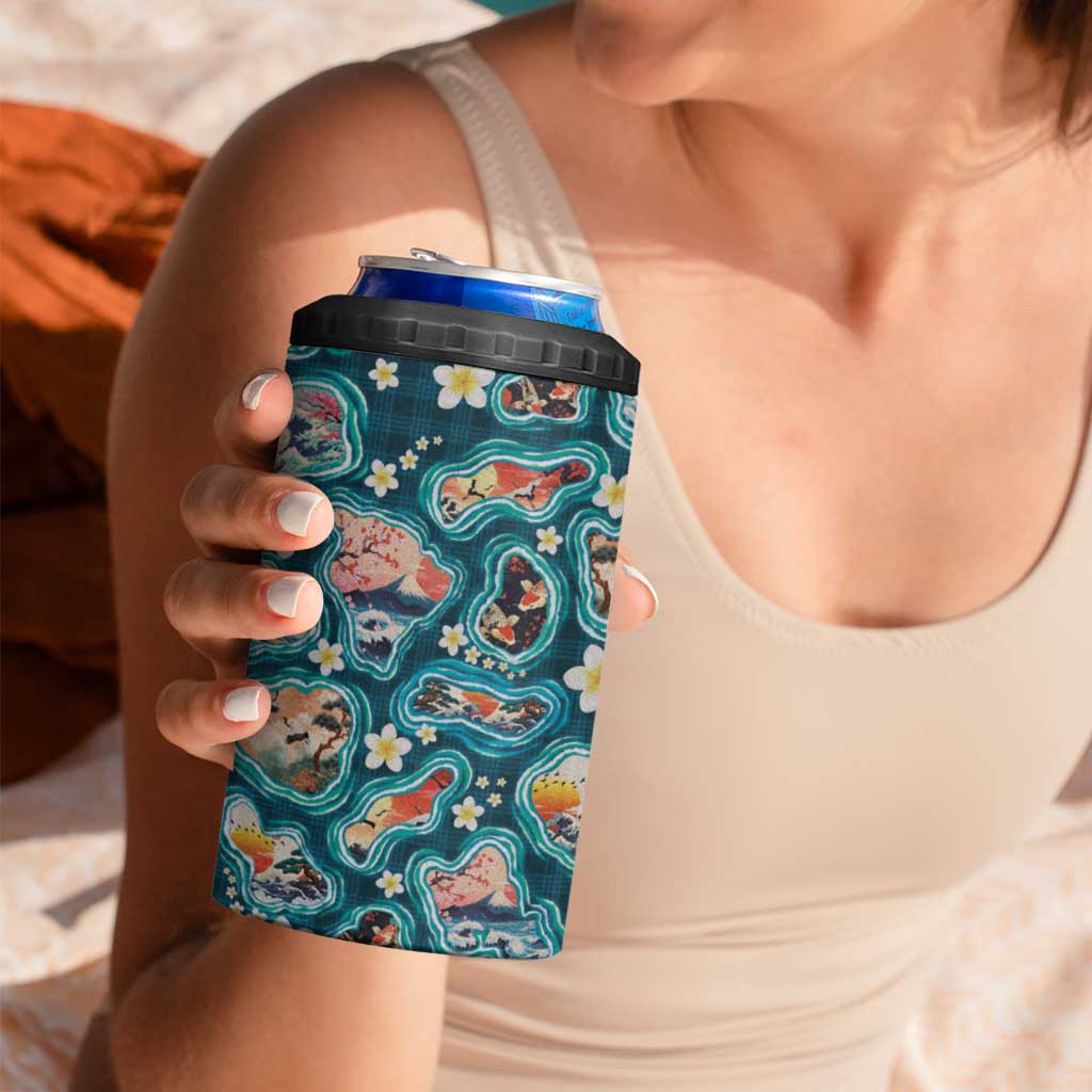 Hawaiian and Japanese Culture Together 4 in 1 Can Cooler Tumbler Hawaiian Island Shapes with Japanese Landscape Teal Color LT03 - Polynesian Pride