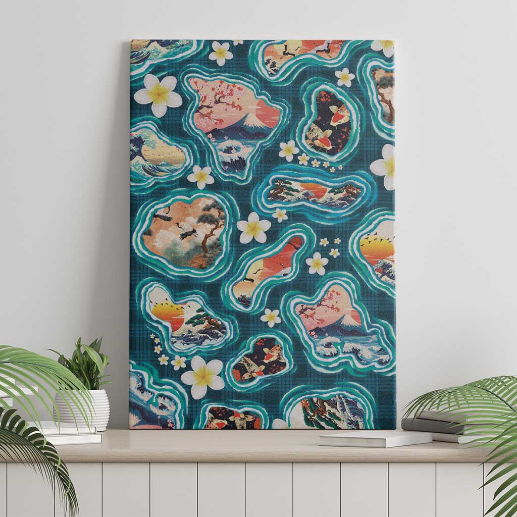 Hawaiian and Japanese Culture Together Canvas Wall Art Hawaiian Island Shapes with Japanese Landscape Teal Color LT03 - Polynesian Pride