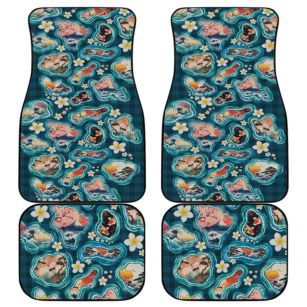 Hawaiian and Japanese Culture Together Car Mats Hawaiian Island Shapes with Japanese Landscape Teal Color LT03 - Polynesian Pride