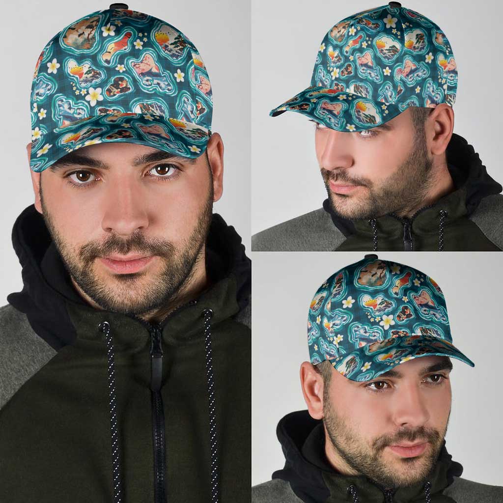 Hawaiian and Japanese Culture Together Classic Cap Hawaiian Island Shapes with Japanese Landscape Teal Color LT03 - Polynesian Pride