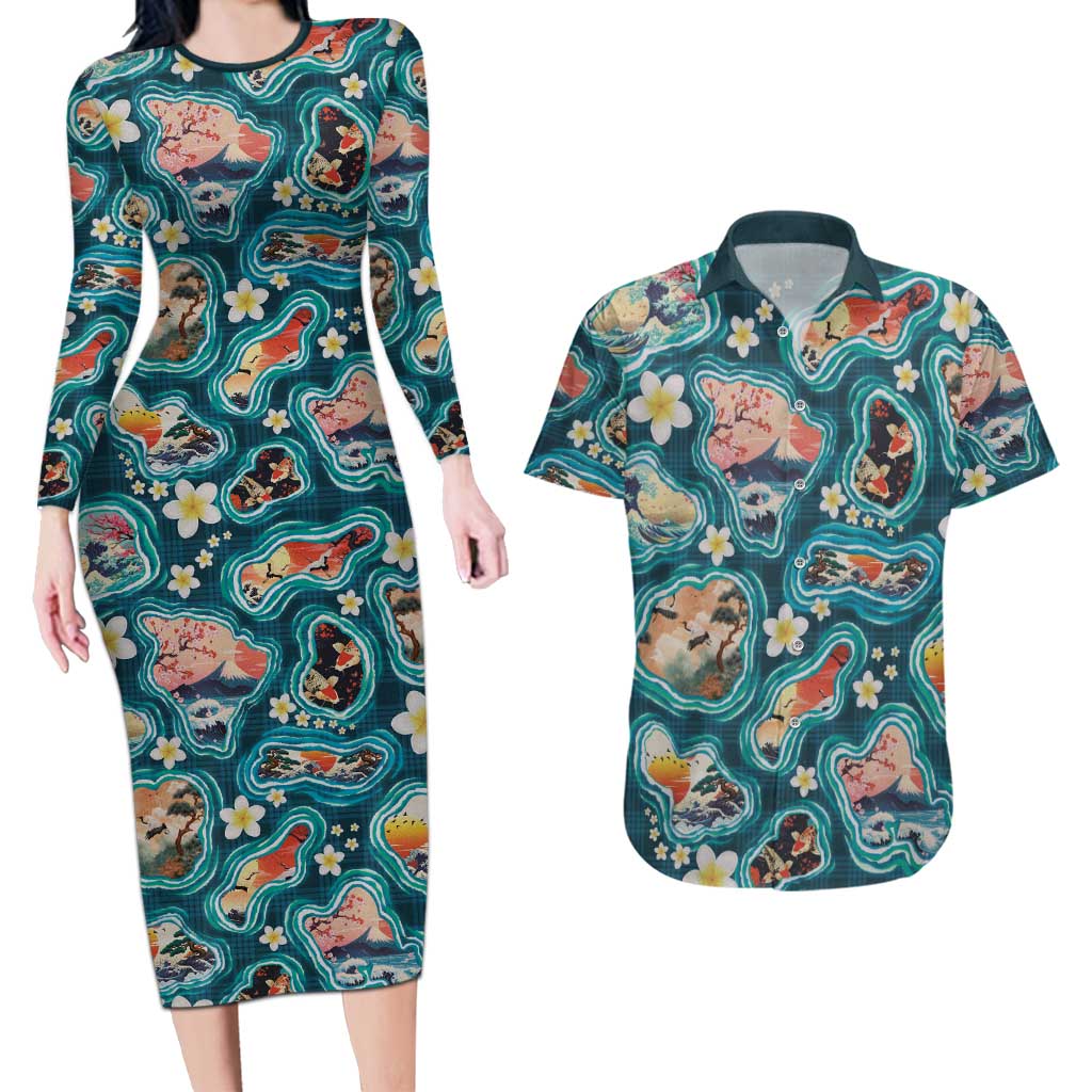 Hawaiian and Japanese Culture Together Couples Matching Long Sleeve Bodycon Dress and Hawaiian Shirt Hawaiian Island Shapes with Japanese Landscape Teal Color LT03 Teal - Polynesian Pride