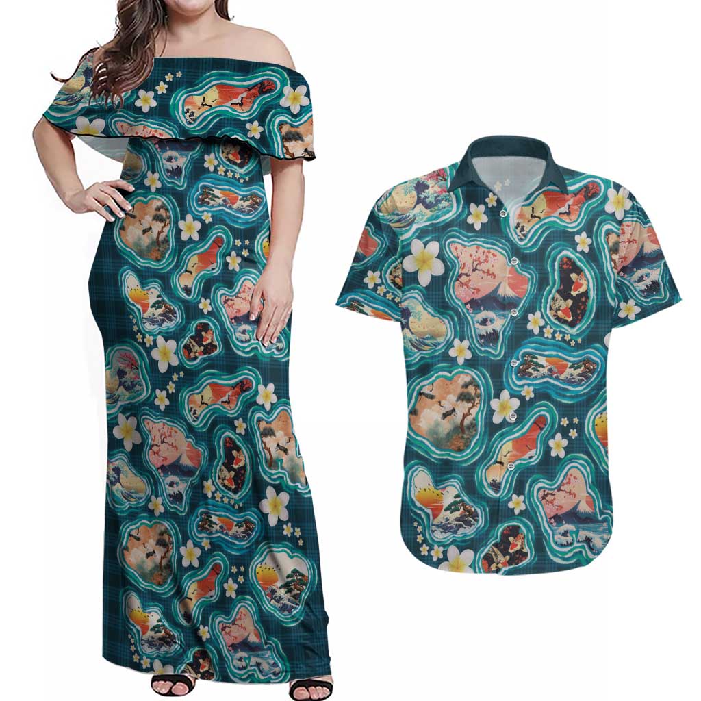 Hawaiian and Japanese Culture Together Couples Matching Off Shoulder Maxi Dress and Hawaiian Shirt Hawaiian Island Shapes with Japanese Landscape Teal Color LT03 Teal - Polynesian Pride