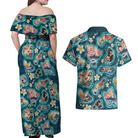 Hawaiian and Japanese Culture Together Couples Matching Off Shoulder Maxi Dress and Hawaiian Shirt Hawaiian Island Shapes with Japanese Landscape Teal Color LT03 - Polynesian Pride