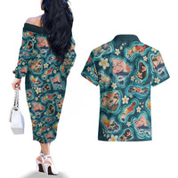 Hawaiian and Japanese Culture Together Couples Matching Off The Shoulder Long Sleeve Dress and Hawaiian Shirt Hawaiian Island Shapes with Japanese Landscape Teal Color LT03 - Polynesian Pride