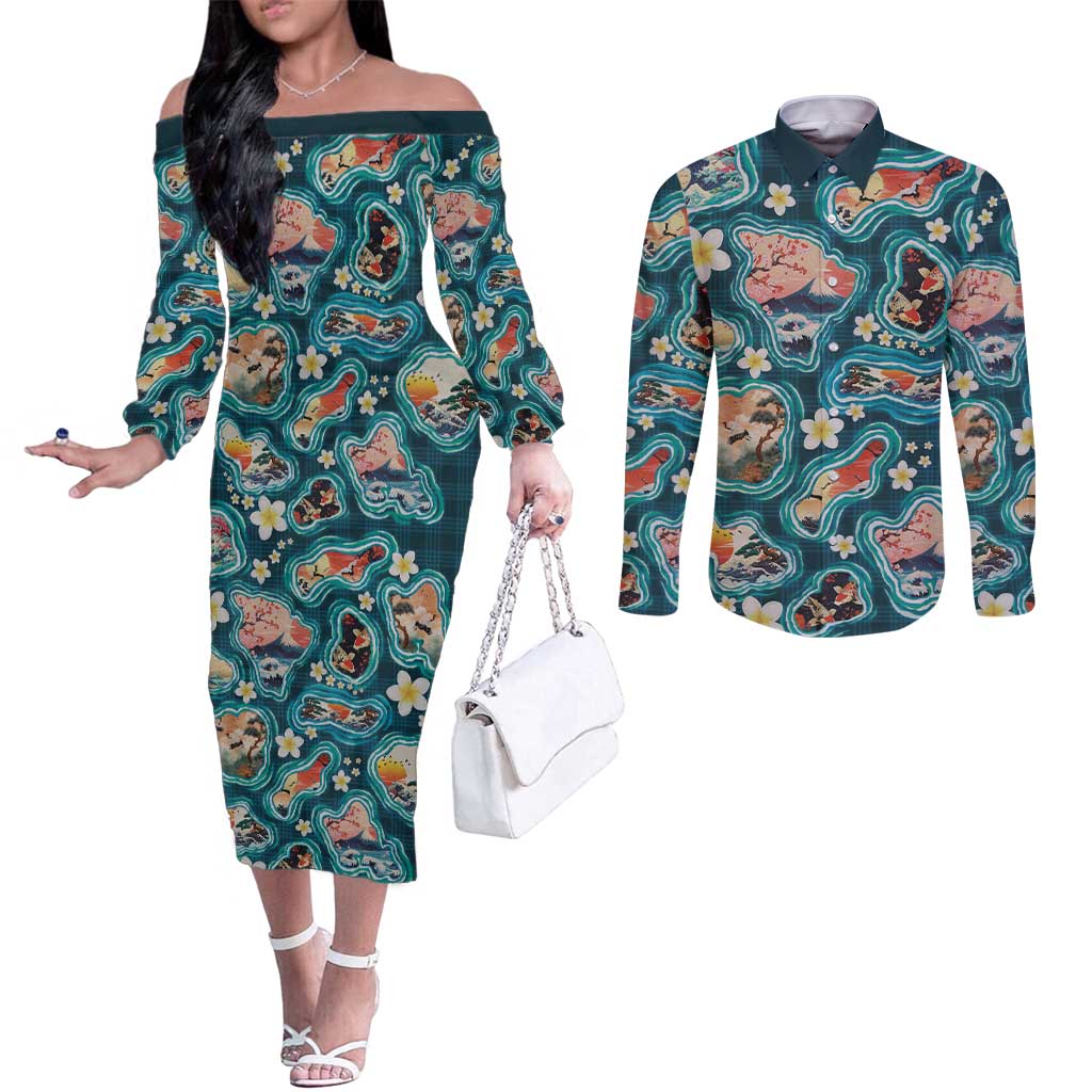 Hawaiian and Japanese Culture Together Couples Matching Off The Shoulder Long Sleeve Dress and Long Sleeve Button Shirt Hawaiian Island Shapes with Japanese Landscape Teal Color LT03 Teal - Polynesian Pride