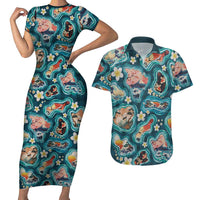 Hawaiian and Japanese Culture Together Couples Matching Short Sleeve Bodycon Dress and Hawaiian Shirt Hawaiian Island Shapes with Japanese Landscape Teal Color LT03 Teal - Polynesian Pride