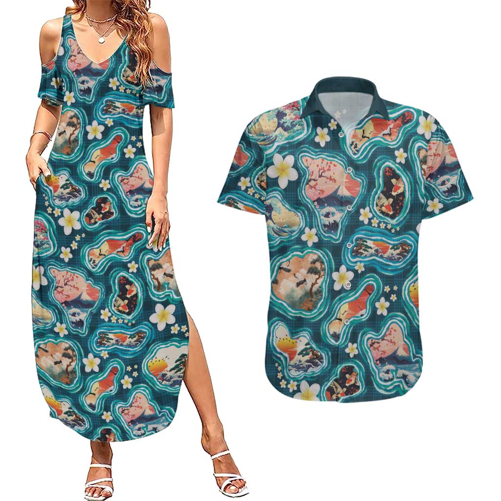 Hawaiian and Japanese Culture Together Couples Matching Summer Maxi Dress and Hawaiian Shirt Hawaiian Island Shapes with Japanese Landscape Teal Color