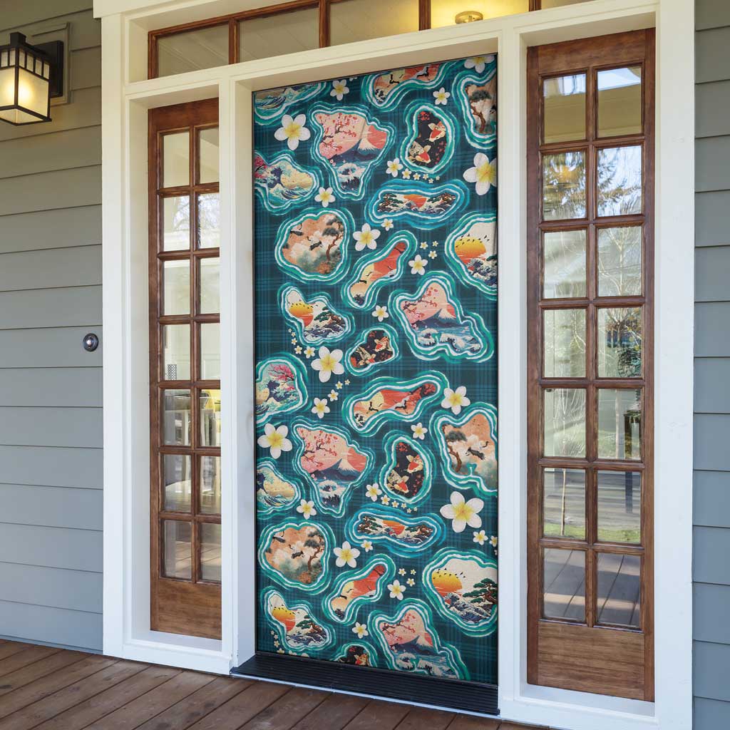 Hawaiian and Japanese Culture Together Door Cover Hawaiian Island Shapes with Japanese Landscape Teal Color LT03 - Polynesian Pride