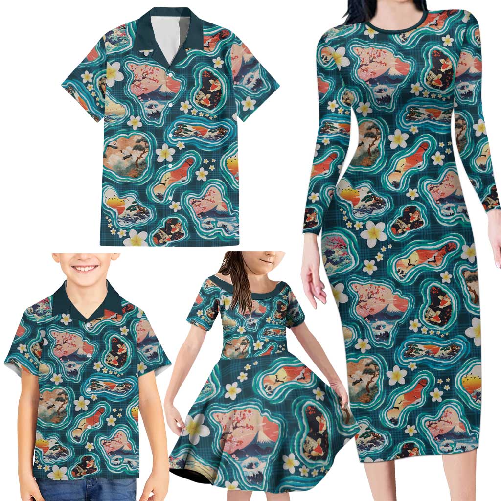 Hawaiian and Japanese Culture Together Family Matching Long Sleeve Bodycon Dress and Hawaiian Shirt Hawaiian Island Shapes with Japanese Landscape Teal Color LT03 - Polynesian Pride