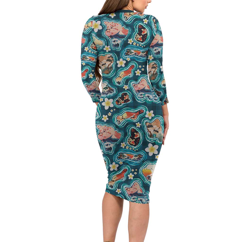 Hawaiian and Japanese Culture Together Family Matching Long Sleeve Bodycon Dress and Hawaiian Shirt Hawaiian Island Shapes with Japanese Landscape Teal Color LT03 - Polynesian Pride