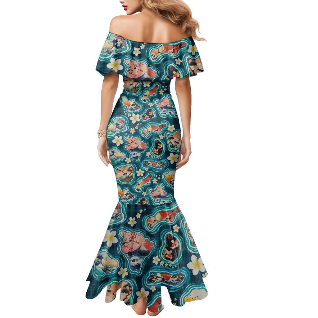 Hawaiian and Japanese Culture Together Family Matching Mermaid Dress and Hawaiian Shirt Hawaiian Island Shapes with Japanese Landscape Teal Color LT03 - Polynesian Pride