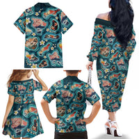 Hawaiian and Japanese Culture Together Family Matching Off The Shoulder Long Sleeve Dress and Hawaiian Shirt Hawaiian Island Shapes with Japanese Landscape Teal Color LT03 - Polynesian Pride