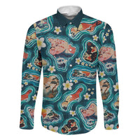 Hawaiian and Japanese Culture Together Family Matching Off The Shoulder Long Sleeve Dress and Hawaiian Shirt Hawaiian Island Shapes with Japanese Landscape Teal Color LT03 Dad's Shirt - Long Sleeve Teal - Polynesian Pride