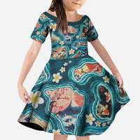 Hawaiian and Japanese Culture Together Family Matching Off Shoulder Maxi Dress and Hawaiian Shirt Hawaiian Island Shapes with Japanese Landscape Teal Color LT03 Daughter's Dress Teal - Polynesian Pride