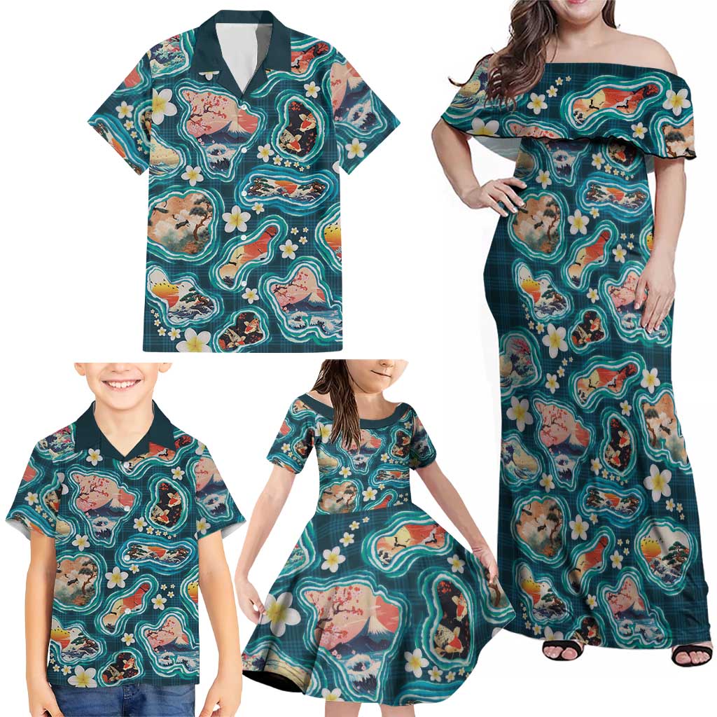 Hawaiian and Japanese Culture Together Family Matching Off Shoulder Maxi Dress and Hawaiian Shirt Hawaiian Island Shapes with Japanese Landscape Teal Color LT03 - Polynesian Pride