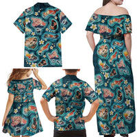 Hawaiian and Japanese Culture Together Family Matching Off Shoulder Maxi Dress and Hawaiian Shirt Hawaiian Island Shapes with Japanese Landscape Teal Color LT03 - Polynesian Pride