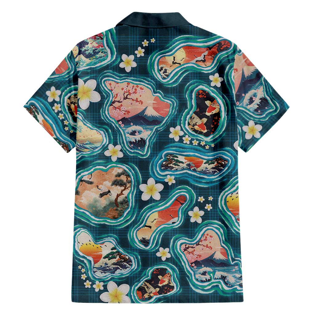 Hawaiian and Japanese Culture Together Family Matching Off Shoulder Maxi Dress and Hawaiian Shirt Hawaiian Island Shapes with Japanese Landscape Teal Color LT03 - Polynesian Pride