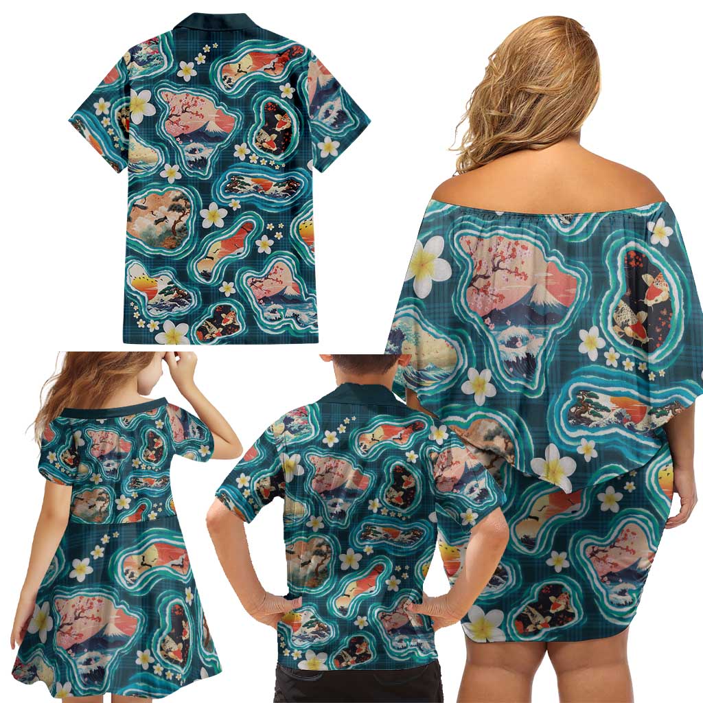 Hawaiian and Japanese Culture Together Family Matching Off Shoulder Short Dress and Hawaiian Shirt Hawaiian Island Shapes with Japanese Landscape Teal Color LT03 - Polynesian Pride
