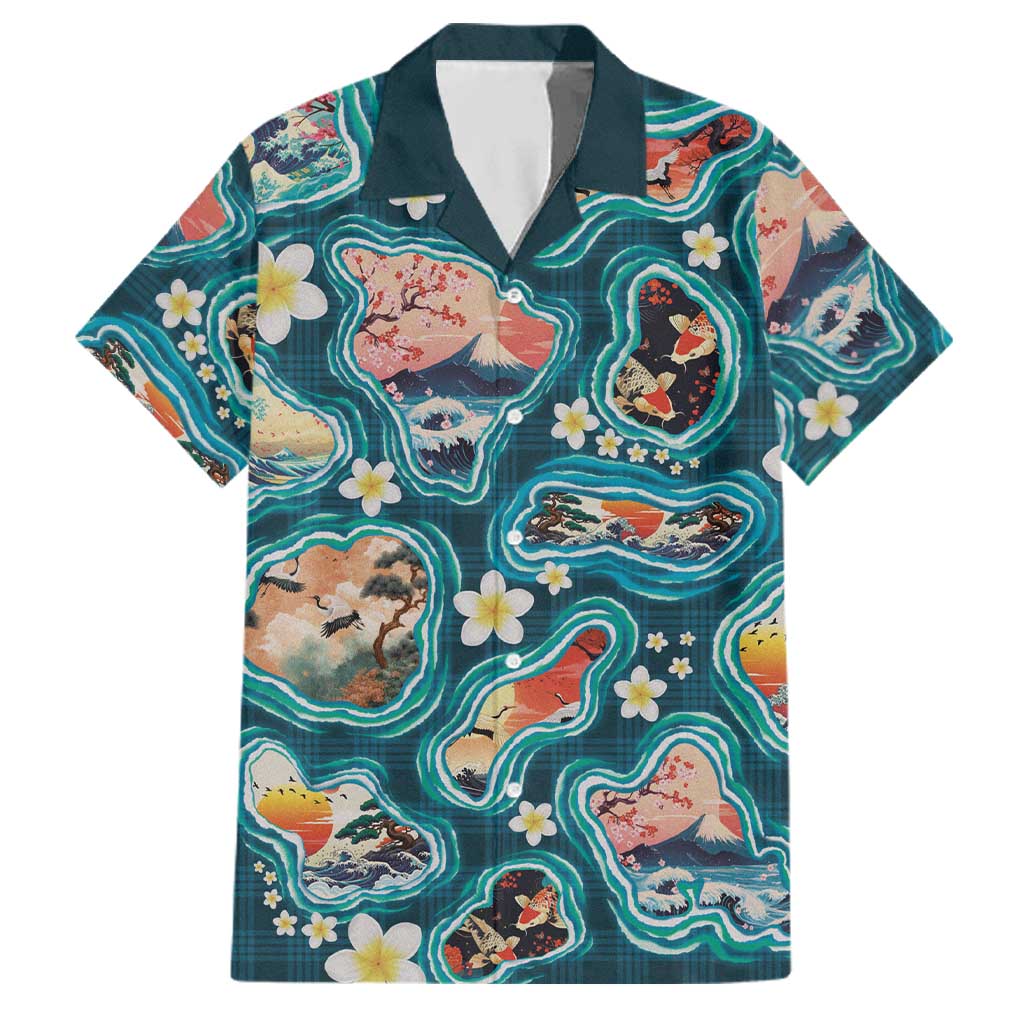 Hawaiian and Japanese Culture Together Family Matching Off Shoulder Short Dress and Hawaiian Shirt Hawaiian Island Shapes with Japanese Landscape Teal Color LT03 Dad's Shirt - Short Sleeve Teal - Polynesian Pride