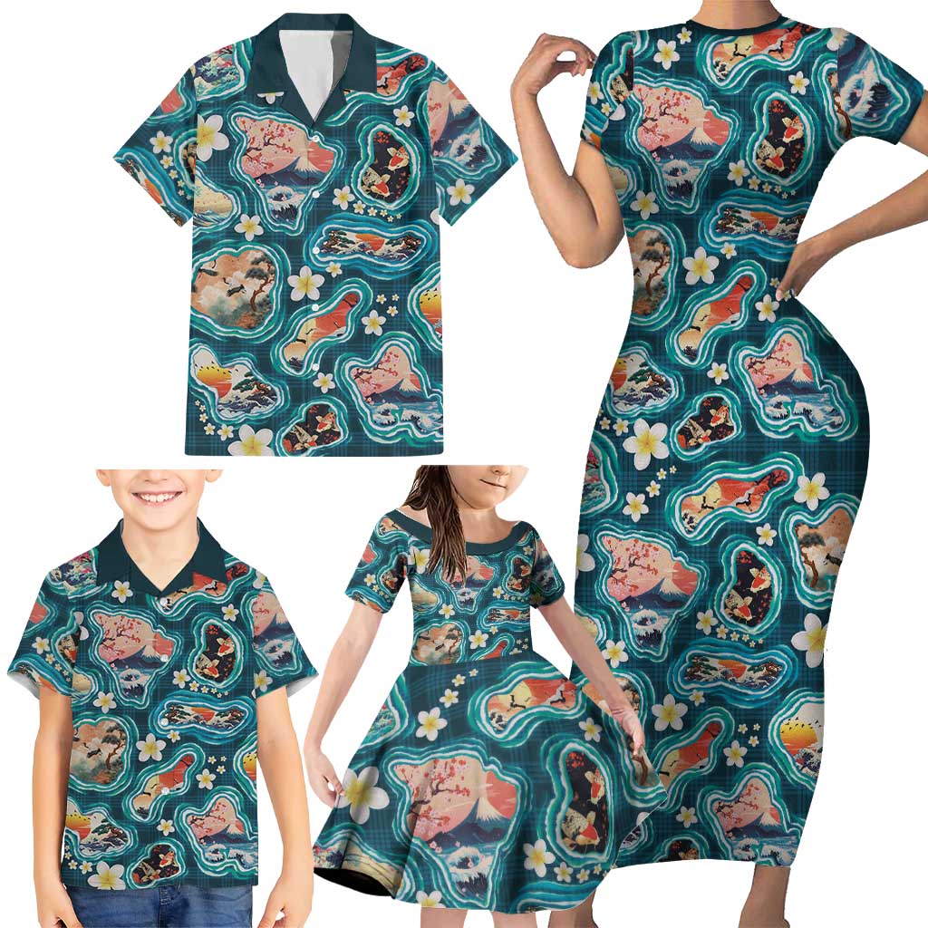 Hawaiian and Japanese Culture Together Family Matching Short Sleeve Bodycon Dress and Hawaiian Shirt Hawaiian Island Shapes with Japanese Landscape Teal Color LT03 - Polynesian Pride