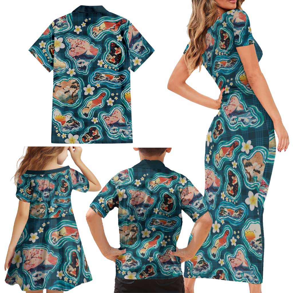 Hawaiian and Japanese Culture Together Family Matching Short Sleeve Bodycon Dress and Hawaiian Shirt Hawaiian Island Shapes with Japanese Landscape Teal Color LT03 - Polynesian Pride