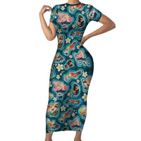 Hawaiian and Japanese Culture Together Family Matching Short Sleeve Bodycon Dress and Hawaiian Shirt Hawaiian Island Shapes with Japanese Landscape Teal Color LT03 Mom's Dress Teal - Polynesian Pride