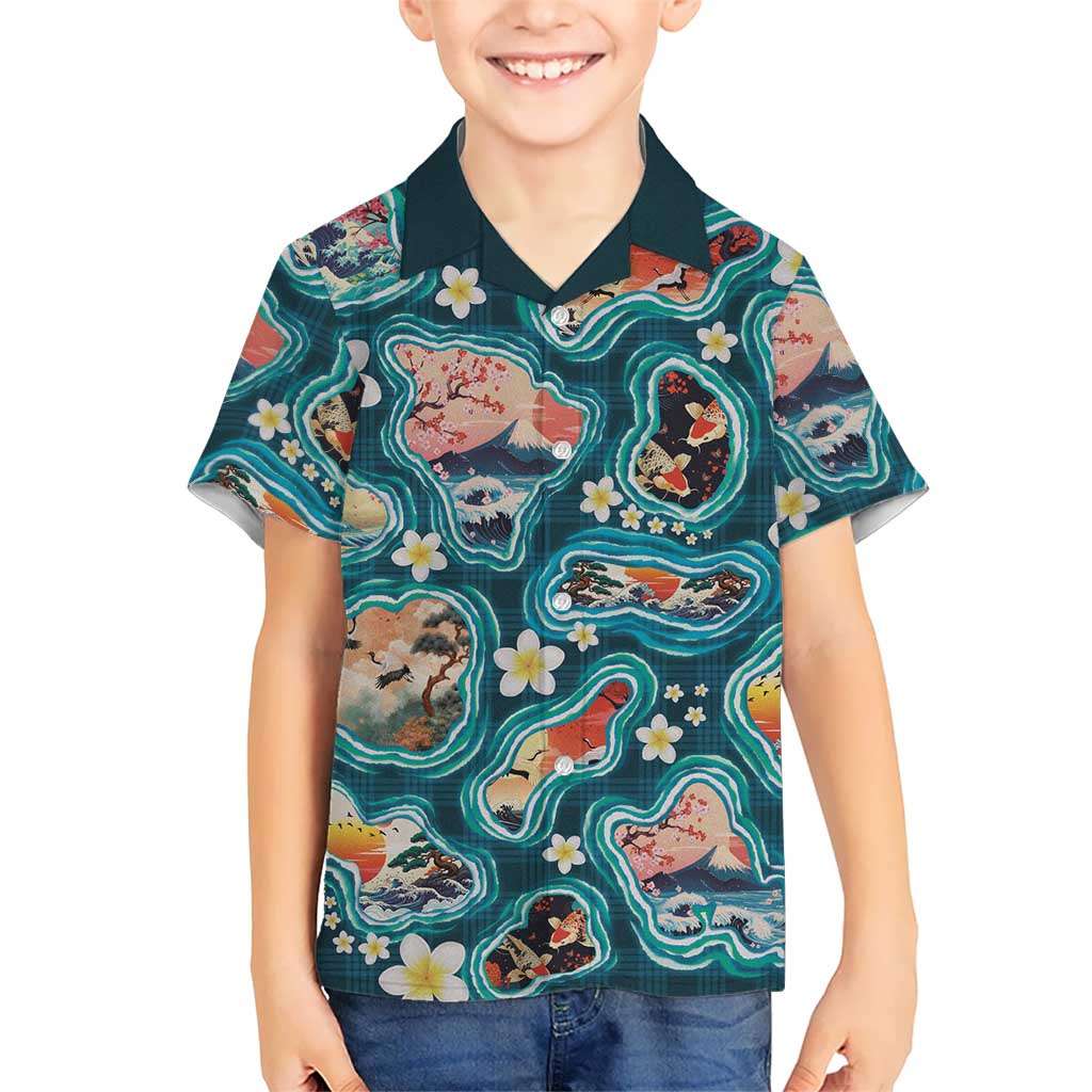 Hawaiian and Japanese Culture Together Family Matching Short Sleeve Bodycon Dress and Hawaiian Shirt Hawaiian Island Shapes with Japanese Landscape Teal Color LT03 Son's Shirt Teal - Polynesian Pride