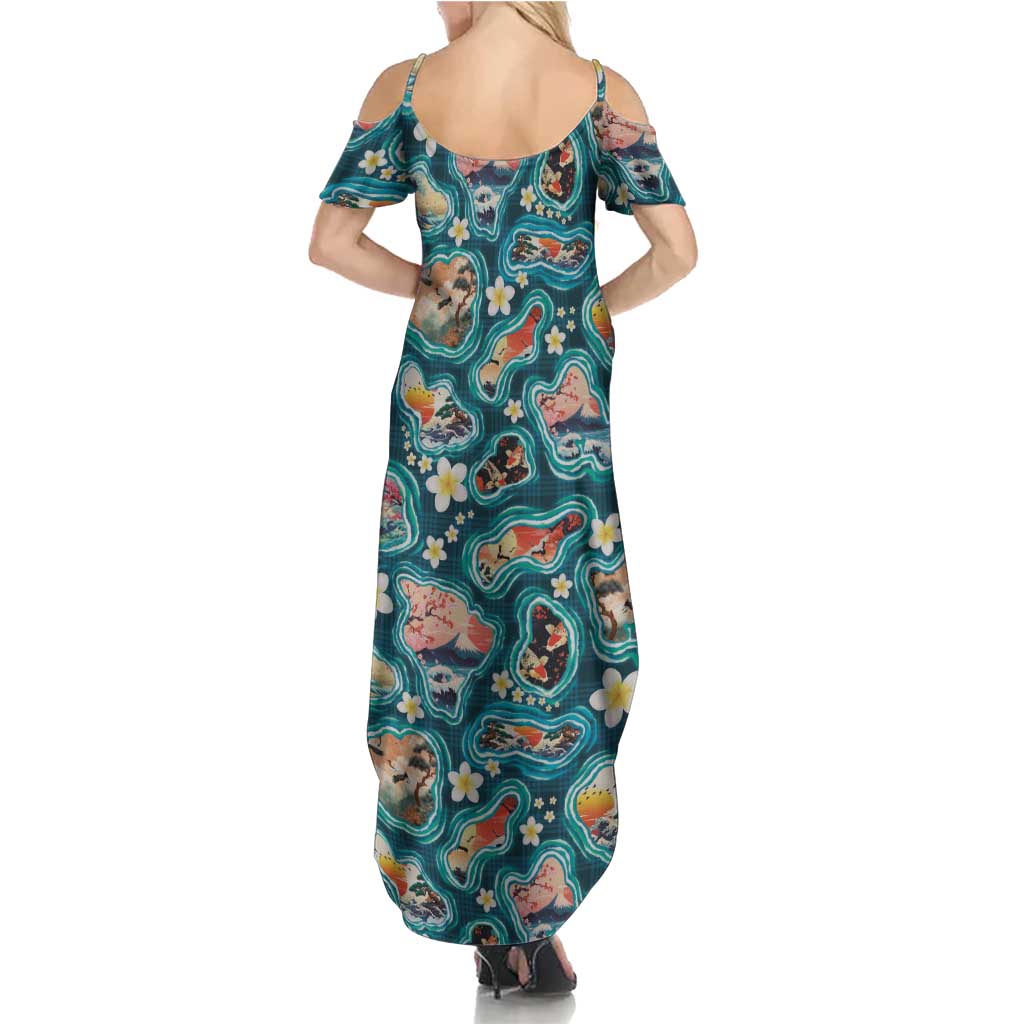 Hawaiian and Japanese Culture Together Family Matching Summer Maxi Dress and Hawaiian Shirt Hawaiian Island Shapes with Japanese Landscape Teal Color LT03 - Polynesian Pride