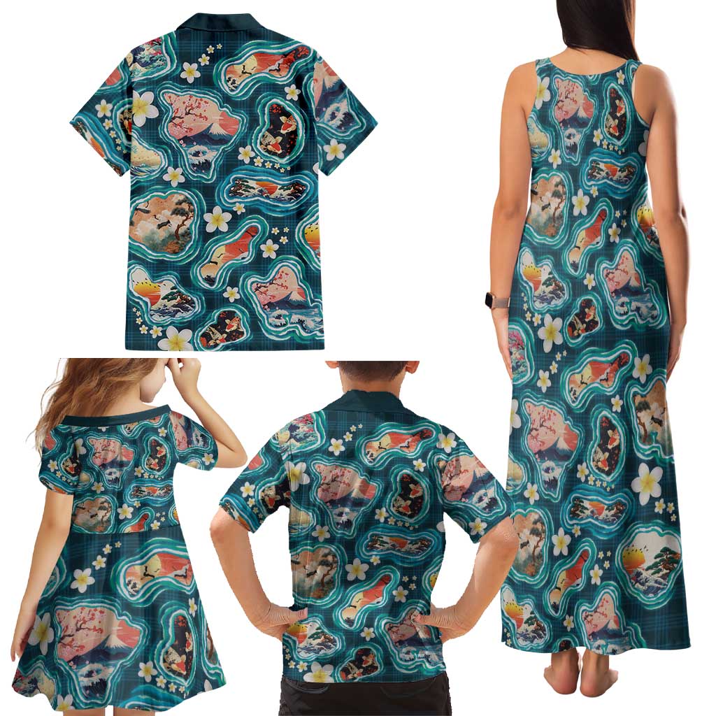 Hawaiian and Japanese Culture Together Family Matching Tank Maxi Dress and Hawaiian Shirt Hawaiian Island Shapes with Japanese Landscape Teal Color LT03 - Polynesian Pride