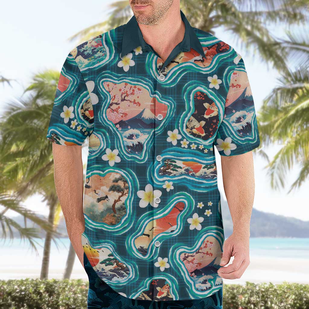 Hawaiian and Japanese Culture Together Hawaiian Shirt Hawaiian Island Shapes with Japanese Landscape Teal Color LT03 - Polynesian Pride