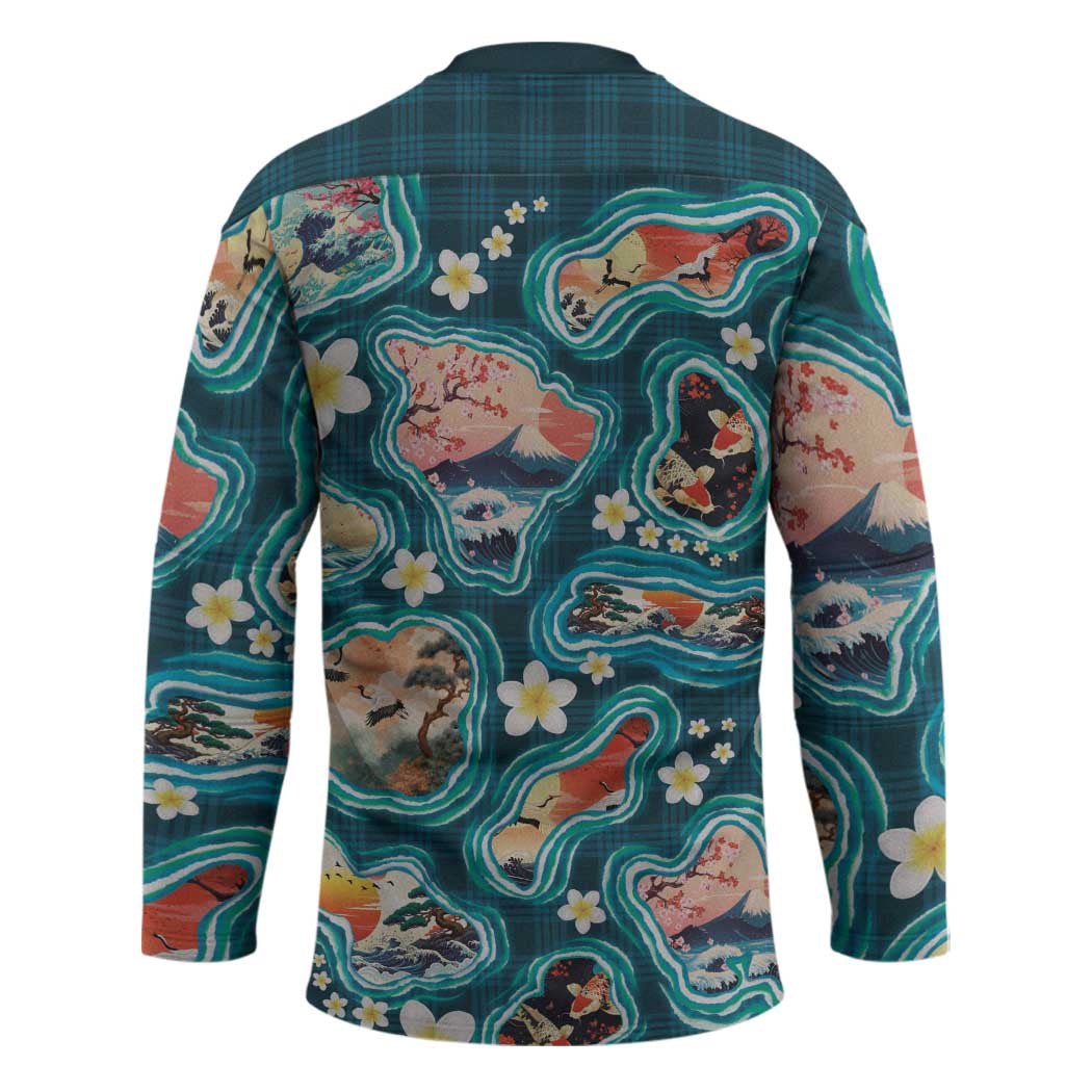 Hawaiian and Japanese Culture Together Hockey Jersey Hawaiian Island Shapes with Japanese Landscape Teal Color LT03 - Polynesian Pride