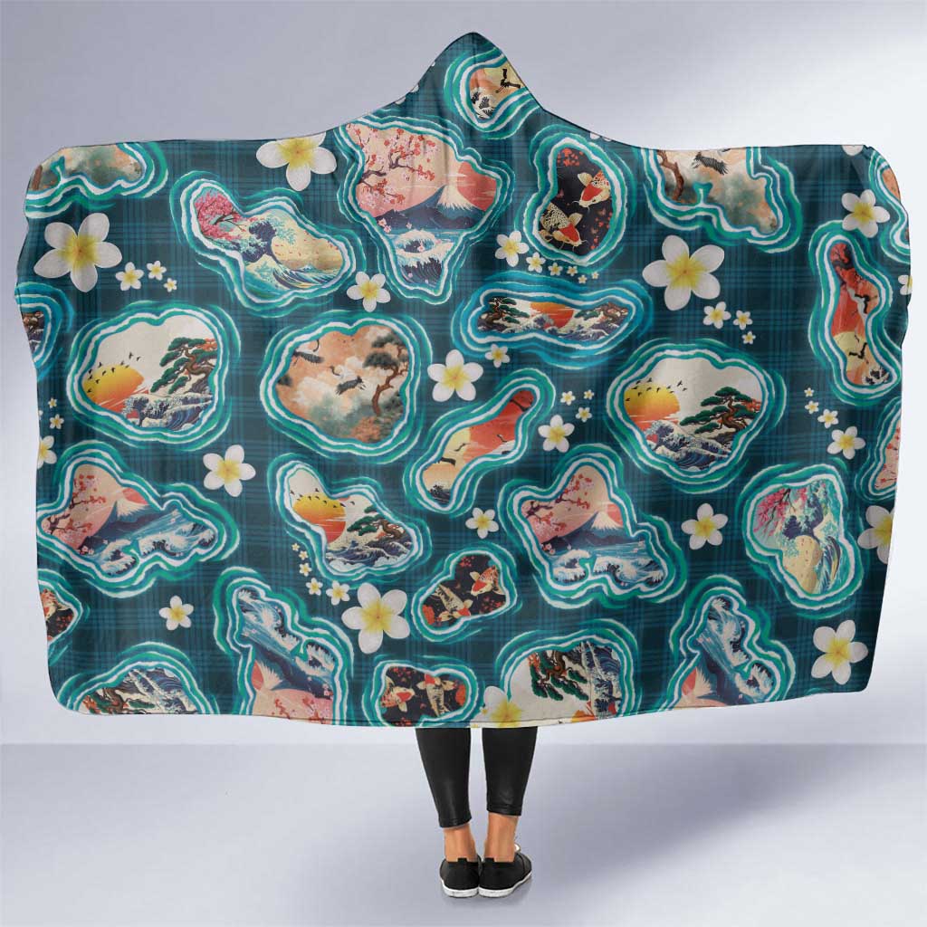 Hawaiian and Japanese Culture Together Hooded Blanket Hawaiian Island Shapes with Japanese Landscape Teal Color LT03 One Size Teal - Polynesian Pride