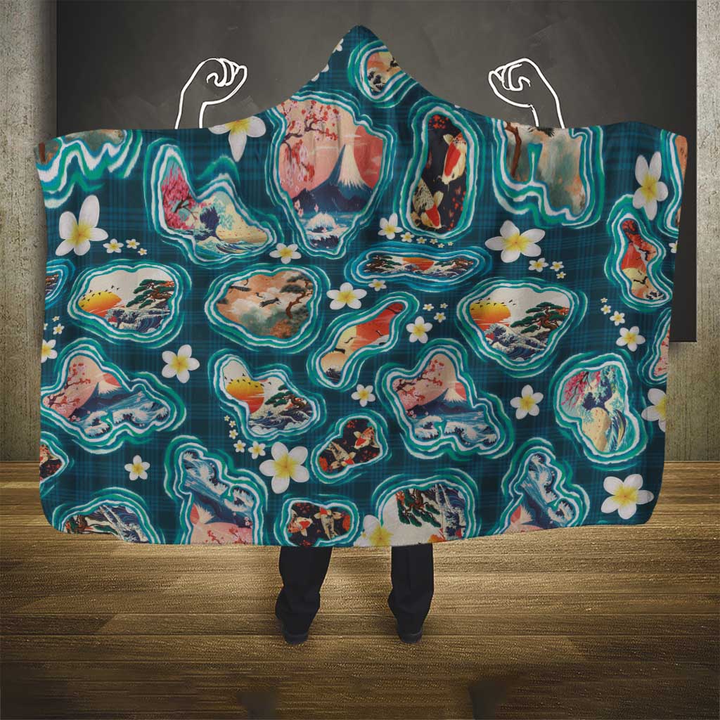 Hawaiian and Japanese Culture Together Hooded Blanket Hawaiian Island Shapes with Japanese Landscape Teal Color LT03 - Polynesian Pride