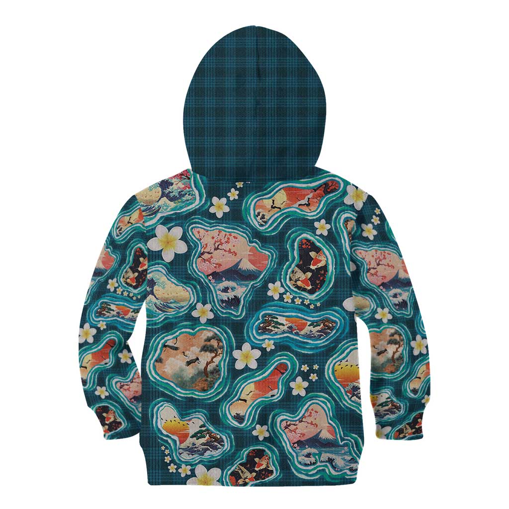 Hawaiian and Japanese Culture Together Kid Hoodie Hawaiian Island Shapes with Japanese Landscape Teal Color LT03 - Polynesian Pride
