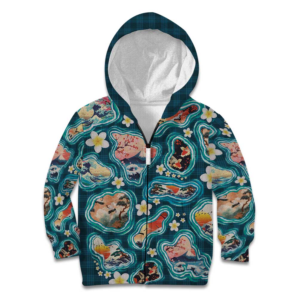 Hawaiian and Japanese Culture Together Kid Hoodie Hawaiian Island Shapes with Japanese Landscape Teal Color LT03 Zip Hoodie Teal - Polynesian Pride