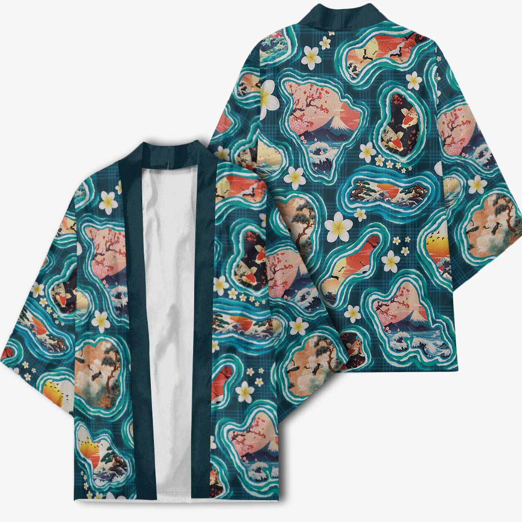 Hawaiian and Japanese Culture Together Kimono Hawaiian Island Shapes with Japanese Landscape Teal Color LT03 - Polynesian Pride