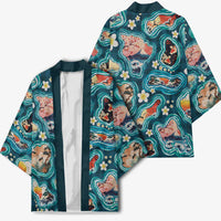 Hawaiian and Japanese Culture Together Kimono Hawaiian Island Shapes with Japanese Landscape Teal Color LT03 - Polynesian Pride