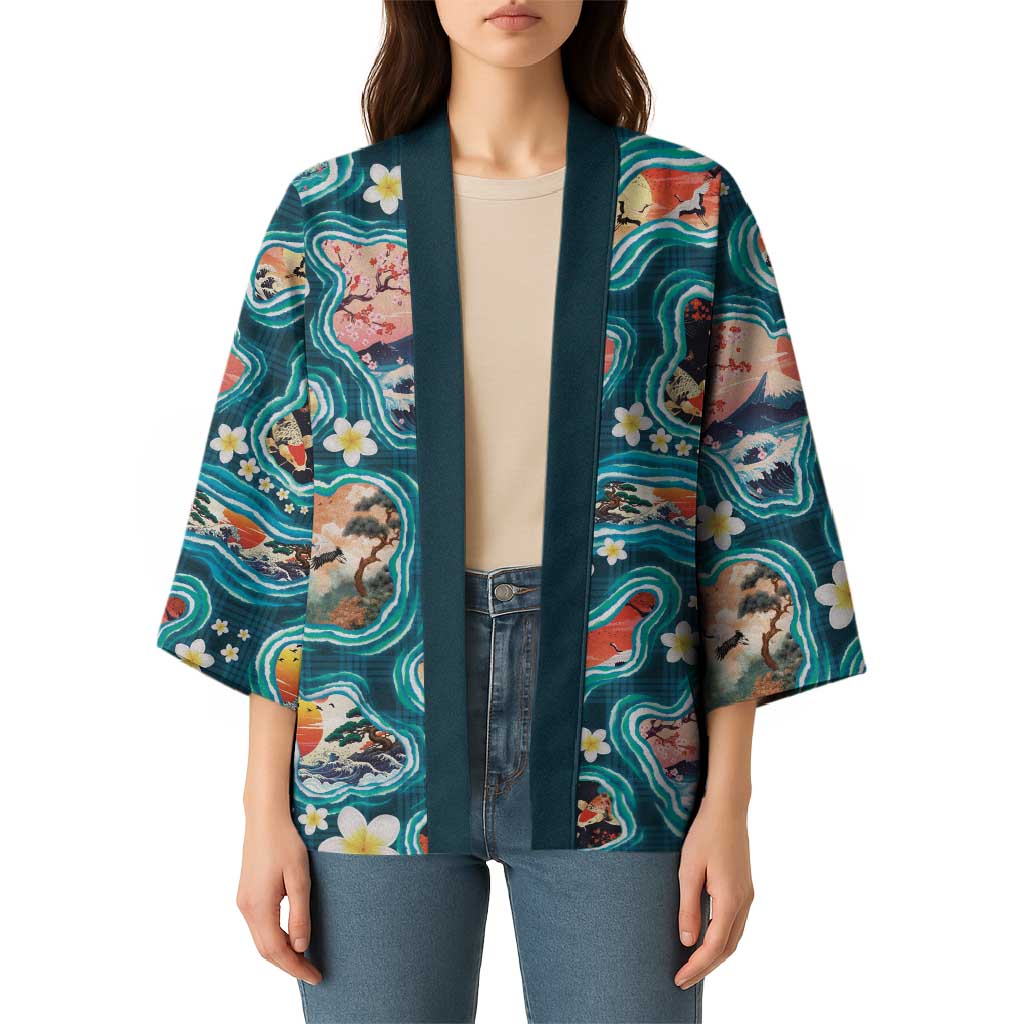 Hawaiian and Japanese Culture Together Kimono Hawaiian Island Shapes with Japanese Landscape Teal Color LT03 - Polynesian Pride