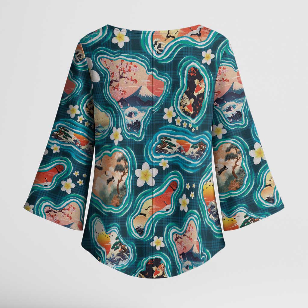 Hawaiian and Japanese Culture Together Kimono Sleeve Blouse Hawaiian Island Shapes with Japanese Landscape Teal Color LT03 - Polynesian Pride