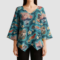 Hawaiian and Japanese Culture Together Kimono Sleeve Blouse Hawaiian Island Shapes with Japanese Landscape Teal Color LT03 - Polynesian Pride