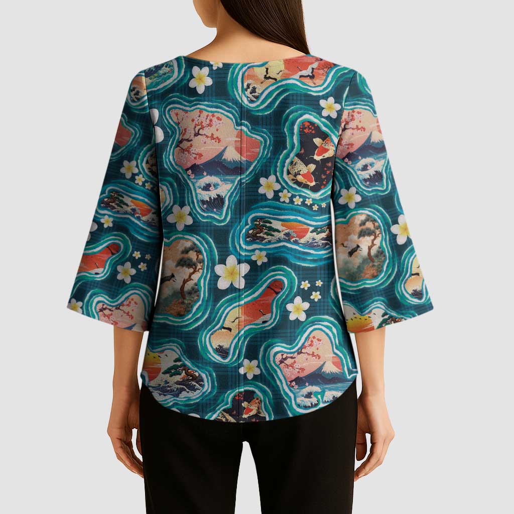 Hawaiian and Japanese Culture Together Kimono Sleeve Blouse Hawaiian Island Shapes with Japanese Landscape Teal Color LT03 - Polynesian Pride