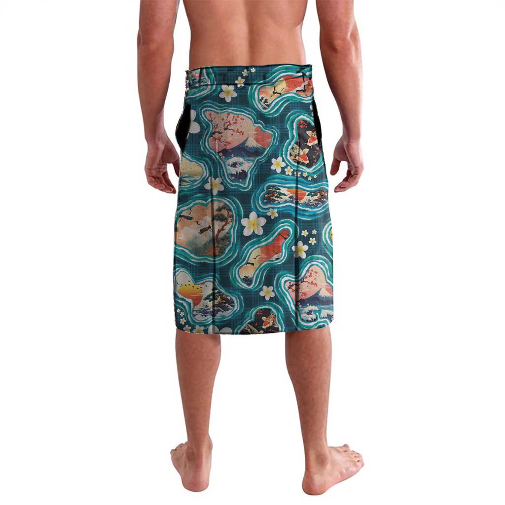 Hawaiian and Japanese Culture Together Lavalava Hawaiian Island Shapes with Japanese Landscape Teal Color LT03 - Polynesian Pride