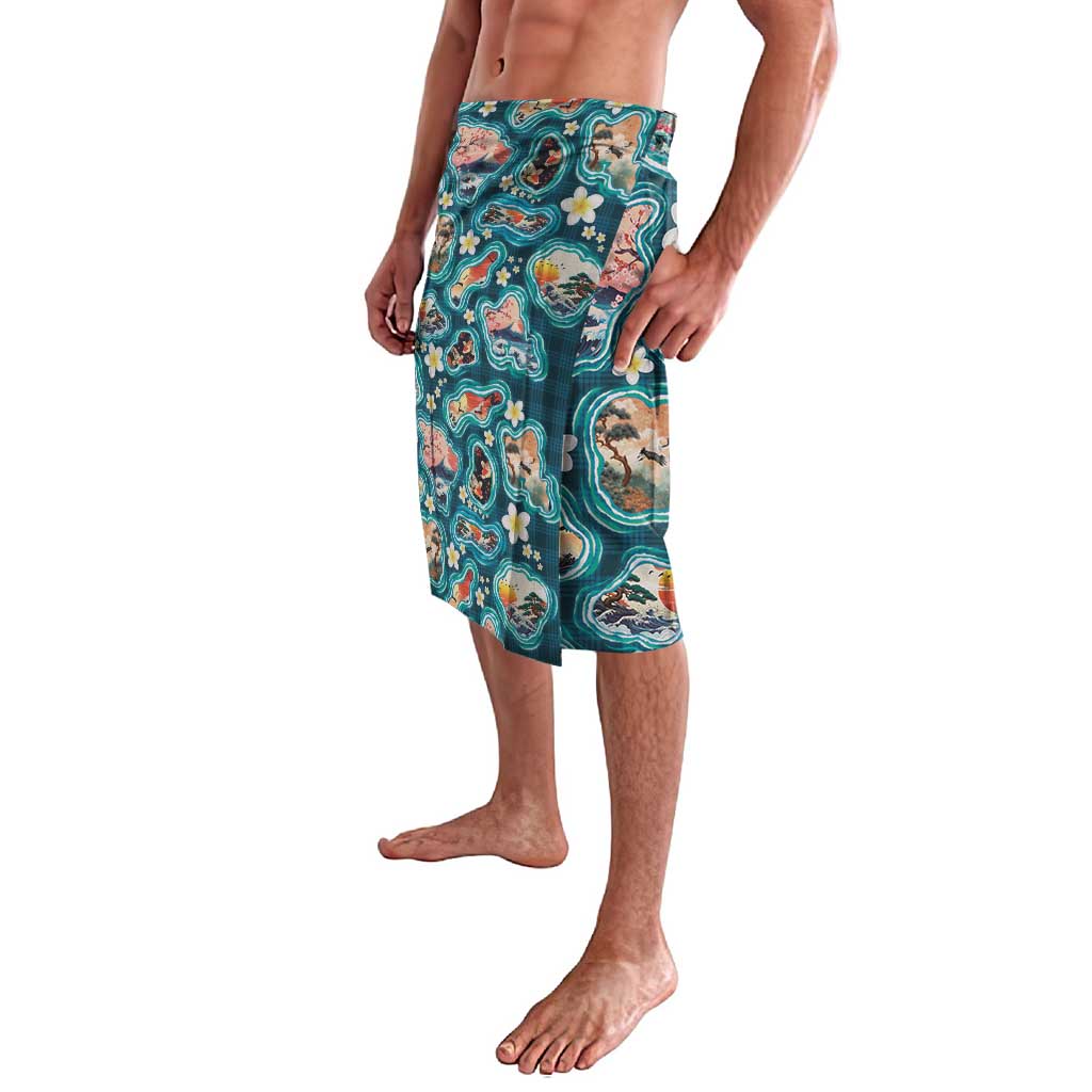 Hawaiian and Japanese Culture Together Lavalava Hawaiian Island Shapes with Japanese Landscape Teal Color LT03 - Polynesian Pride