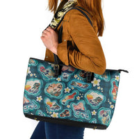 Hawaiian and Japanese Culture Together Leather Tote Bag Hawaiian Island Shapes with Japanese Landscape Teal Color LT03 Teal - Polynesian Pride